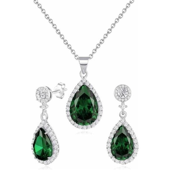 Teardrop Jewelry Set Women Crystal Necklace Earrings Sterling Silver Wedding Pro - Picture 1 of 7